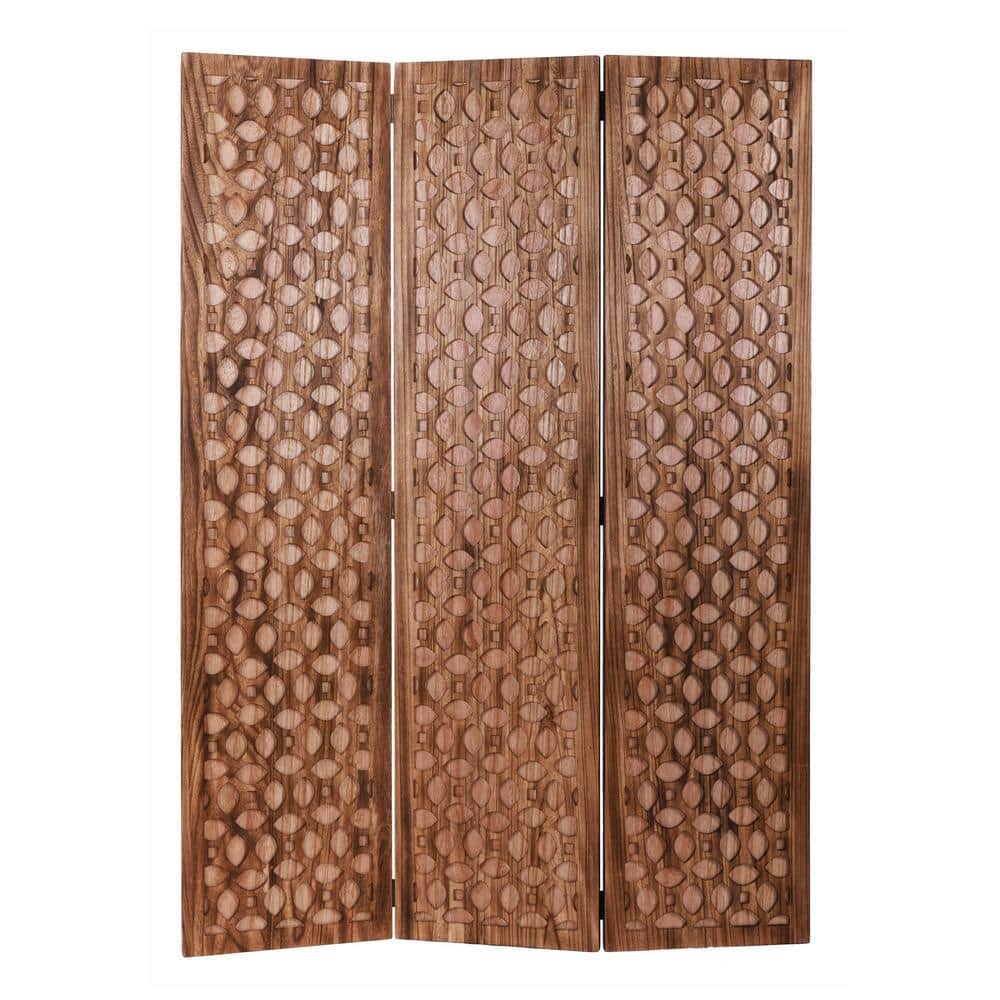 Hand-Carved Natural Wood 3-Panel Folding Room Divider