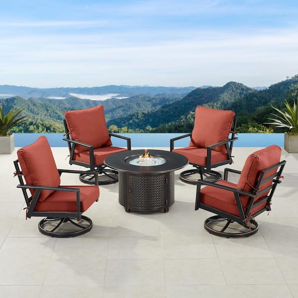 Oakland Living Black 7-Piece Aluminum Patio Fire Pit Set with 4-Club Chairs Red Cushions
