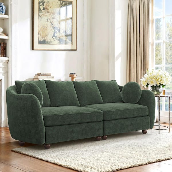 Gido 90 in. Green Chenille Fabric Upholstered Round Arm Couch Modern Rectangle 3-Seater Sofa with Throw Pillows
