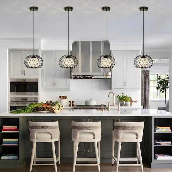Jasslynn 9.44 in. 1-Light Black Double Cage Pendant Light with Metal and Rattan Shade, Modern Farmhouse Island Light