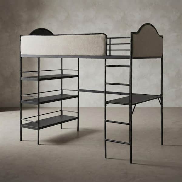 Parto Modern Black Twin Forged Steel Upholstered Loft Bed with Reversible Ladder and Desk