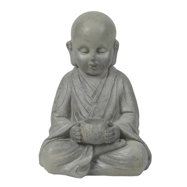 LuxenHome Gray MgO Buddha Monk and Bowl Garden Statue