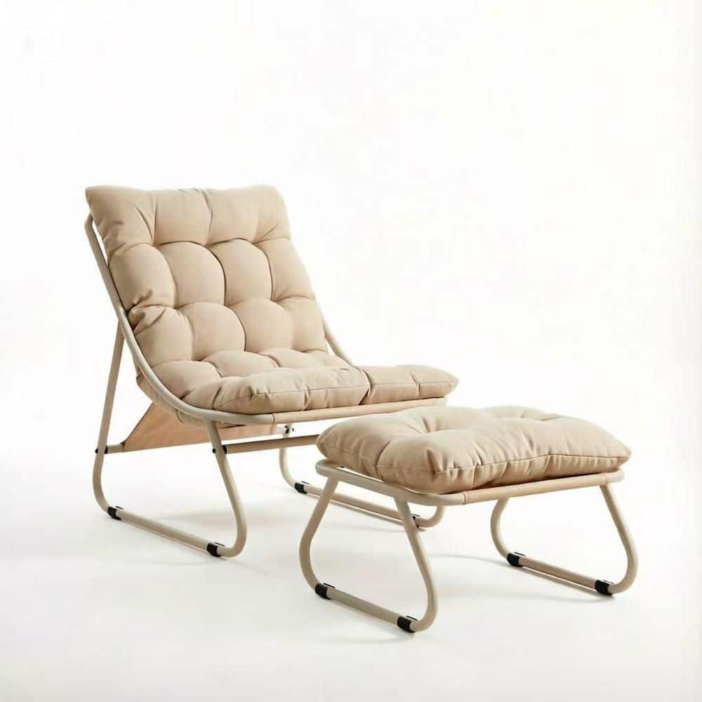 Outdoor Beige Steel Lounge Chair with Ottoman and Cushion, Sling Recliner Chair for Deck, Porch, Balcony and Backyard