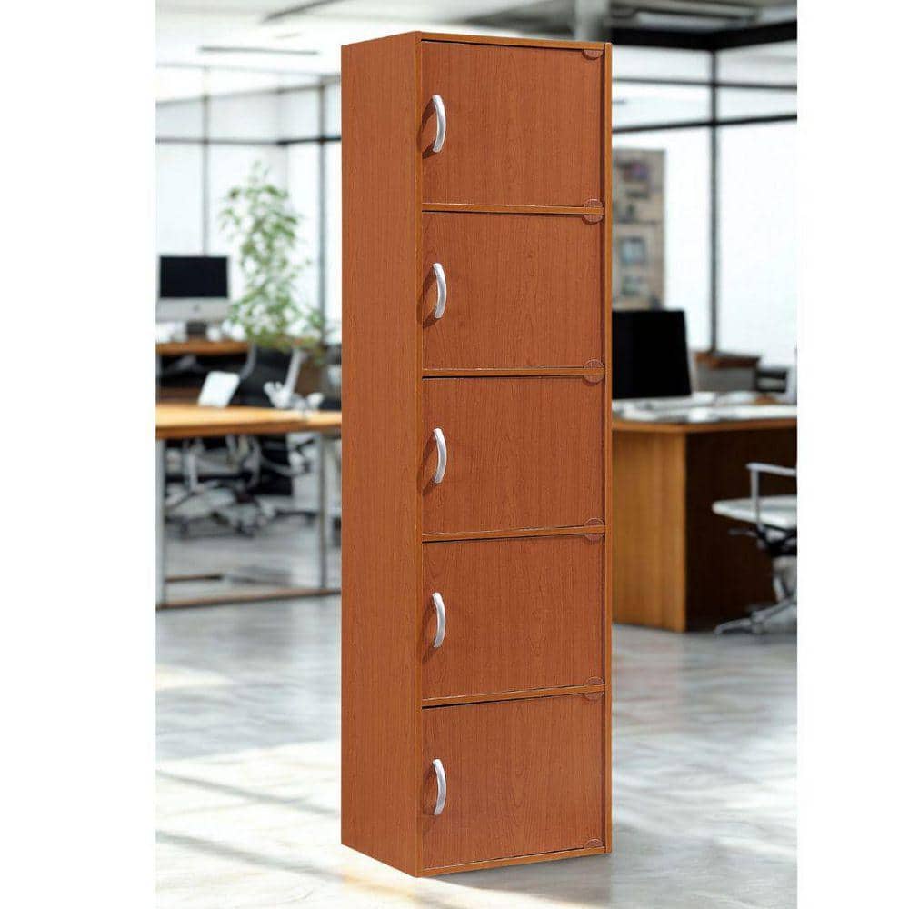 59 in. Tall Cherry Wood 5-Shelf Bookcase with 5-Doors Enclosed Storage 5-Tier Bookshelf for Home or Office