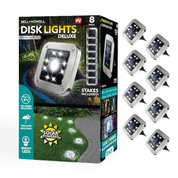 Bell + Howell Solar Powered Stainless Steel Outdoor Integrated LED Super Bright In-Ground Square Disk Path Lights (8-Pack)