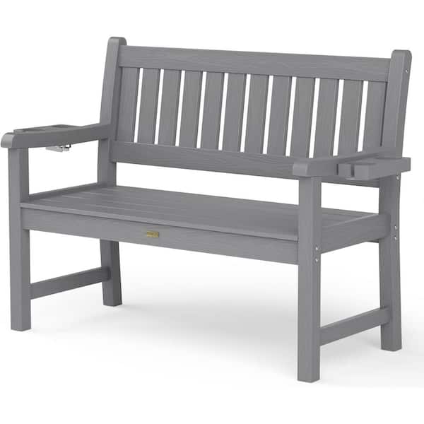 Mximu Gray 47 in. 2-Person Plastic Outdoor Garden Bench with Dual Cup Holders
