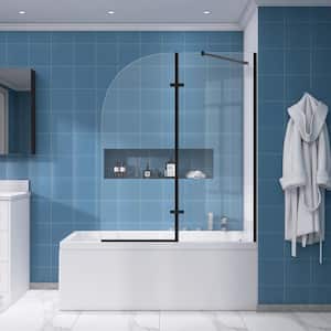 48 in. W x 58 in. H Frameless Pivot Hinged Tub Door Fold Bathtub Shower Door in Matte Black with 1/4 in. Clear Glass