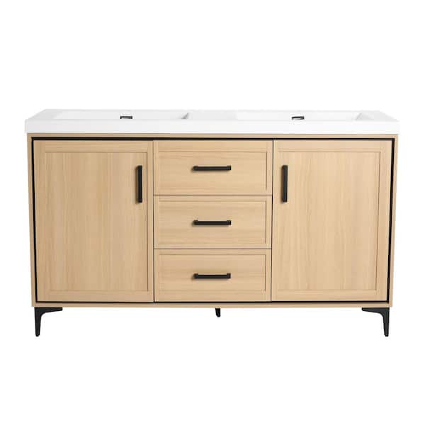 60 in. Freestanding Original Oak Bath Vanity with Double White Cultured Marble Top Assembled