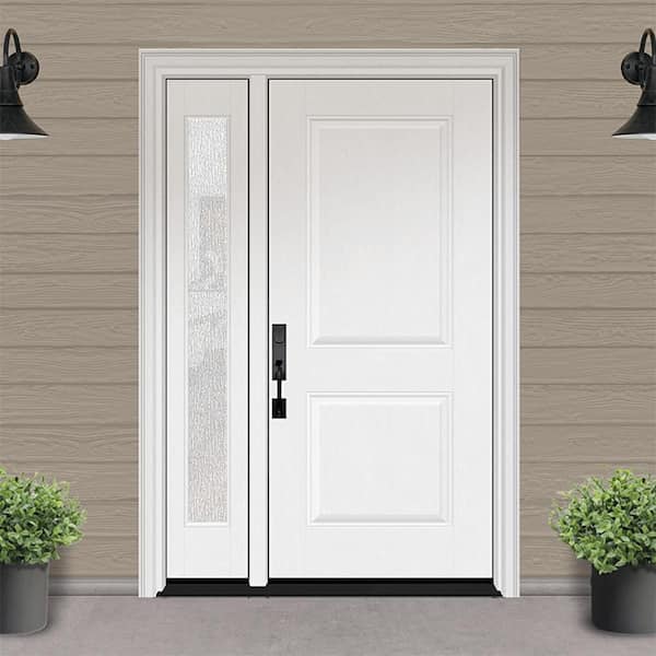 Regency 51 in. x 80 in. 2P Squaretop RHIS Unfinished White Mahogany Fiberglass Prehung Front Door w/Rain 12in. SL 4-9/16