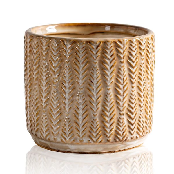 Wheat Brown Ceramic Utensil Crock Utensil Holder Countertop, Embossed Ceramic Storage Canister with Non-Slip Cork Base