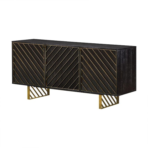 Benjara Black and gold Wood Top 66 in. Sideboard with Six Shelves and Metal Accents