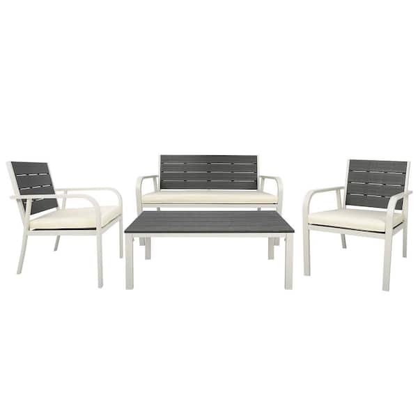 Zeus & Ruta 4-Pieces Patio Garden Sofa Conversation Set Wood Design PE Steel Frame for Backyard with Cushions in Black and White