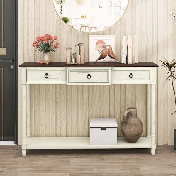 Costway 52 in. Off-white Rectangle Wood Farmhouse Console Table Entryway Sideboard with 3-Drawers And Open Storage Shelf