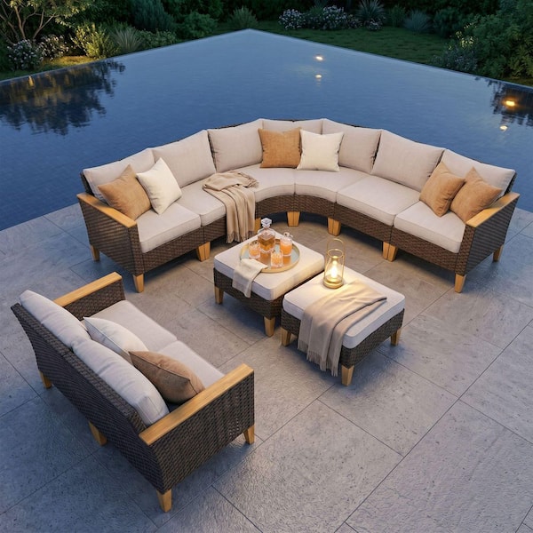 Brown Rattan Wicker 10 Seat 10-Piece Steel Patio Outdoor Sectional Set with Beige Cushions