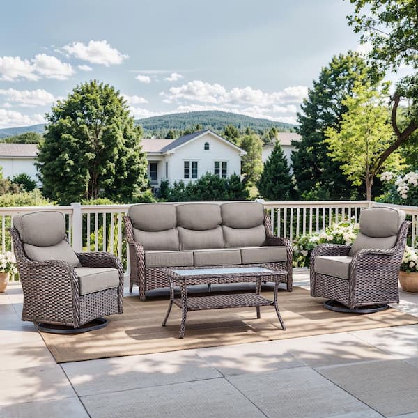 MoonLuxe Brown Swivel Glider Wicker Patio Conversation Set with Gray Olefin 6 in. Thick Cushions/Coffee Table (4-Piece)