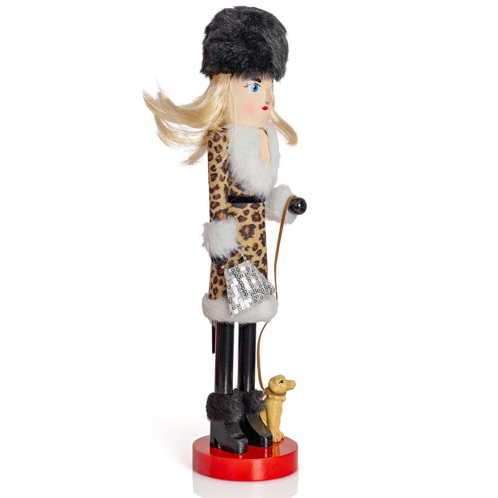 15" Leopard Print and Fur Christmas Nutcracker with Puppy