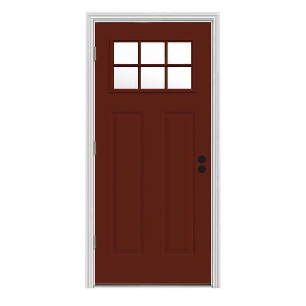 JELD-WEN 34 in. x 80 in. 6 Lite Craftsman Mesa Red Painted Steel Prehung Right-Hand Outswing Front Door w/Brickmould