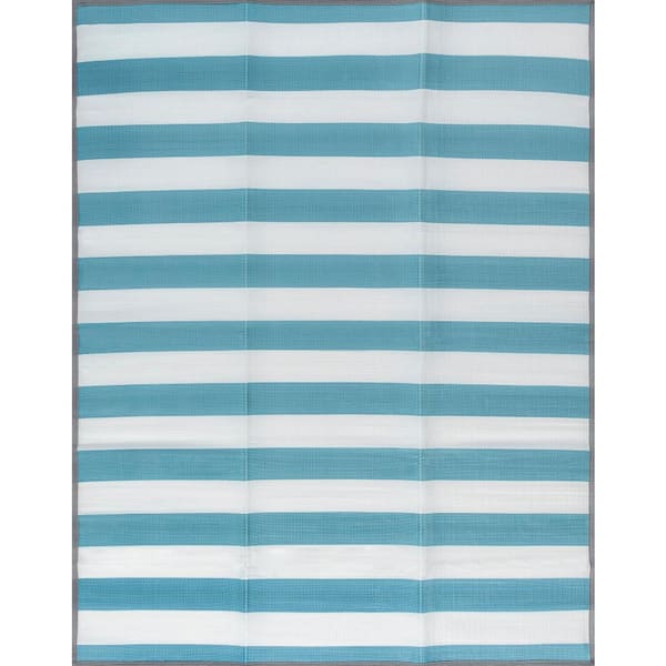 Tayse Rugs Luna Aqua 8 ft. x 10 ft. Stripes Indoor/Outdoor Area Rug