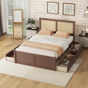 Espresso Brown Wood Frame Queen Size Platform Bed with 4-Storage Drawers, Rattan Headboard