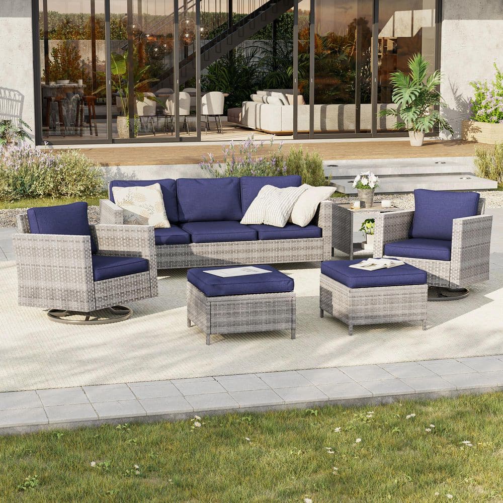 6-Piece Patio Conversation Set Gray Wicker with Swivel Rocking Chair and Side Table, Navy Blue price history on PriceWatchPro