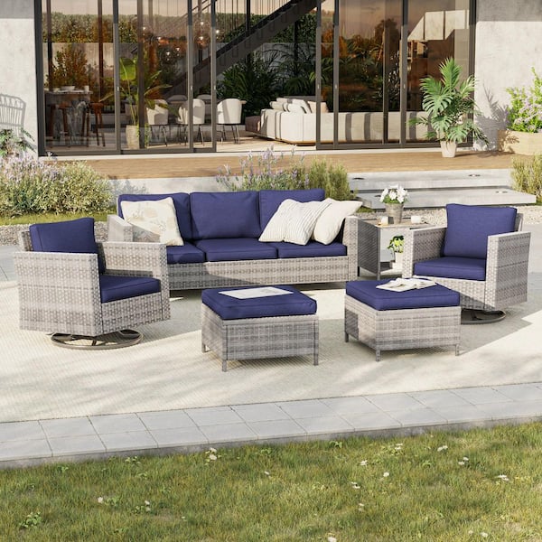 6-Piece Patio Conversation Set Gray Wicker with Swivel Rocking Chair and Side Table, Navy Blue