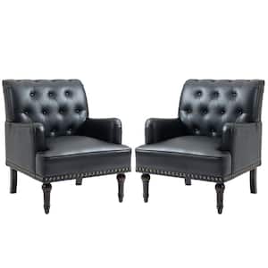 Mid-Century Vintage Nailhead Trim Black PU Upholstered Accent Armchair With Solid Wood Legs(Set of 2)