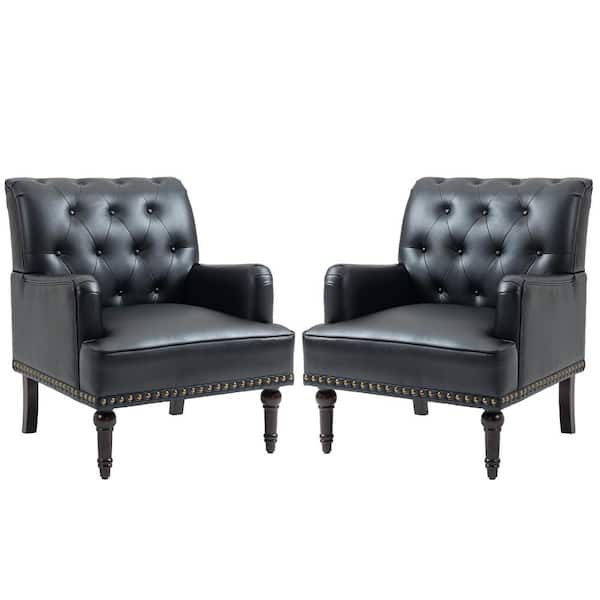 Uixe Mid-Century Vintage Nailhead Trim Black PU Upholstered Accent Armchair With Solid Wood Legs(Set of 2)