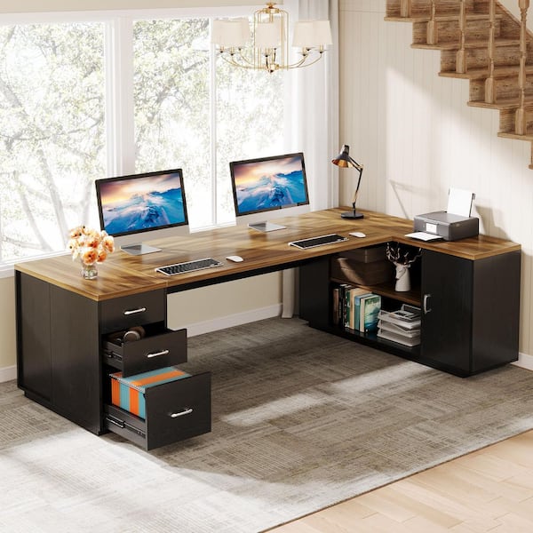 Capen 86 in. Black and Walnut Super Spacious L-Shaped Executive Desk, Business Professional Desk w/ Drawers and Cabinet