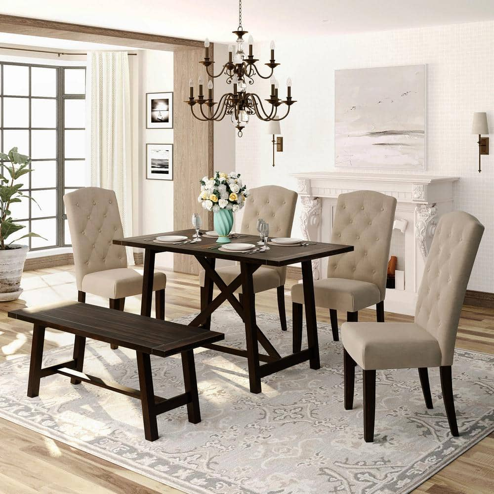 Harper & Bright Designs Mid-Century 6-Piece Wood Top Beige Dining Table ...