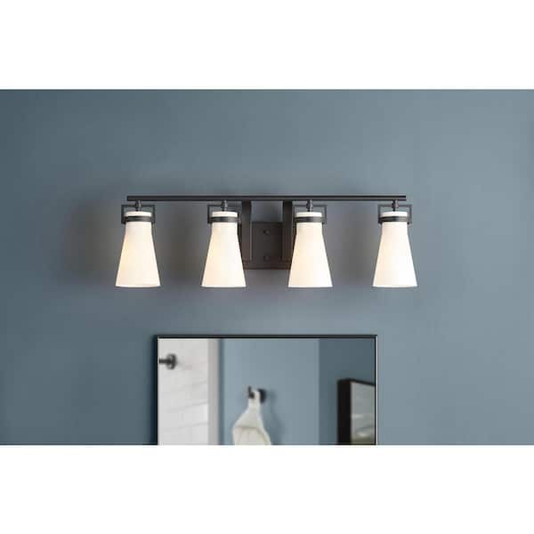 Home Decorators Collection Clermont 30.75 in. 4-Light Matte Black Bathroom Vanity Light with Milk Glass Shades
