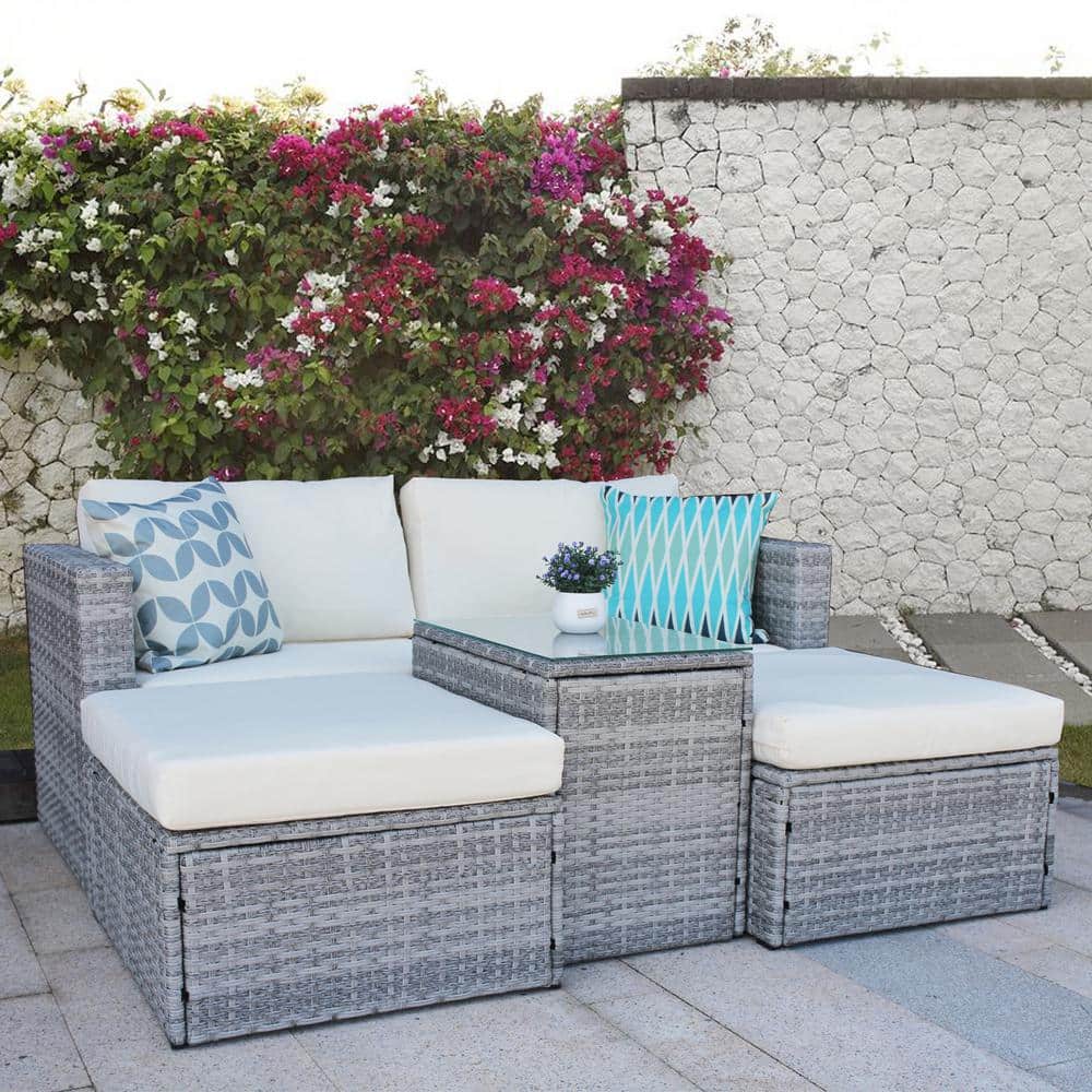 Gray 5-Piece Wicker Patio Conversation Sectional Seating Set with Beige Cus
