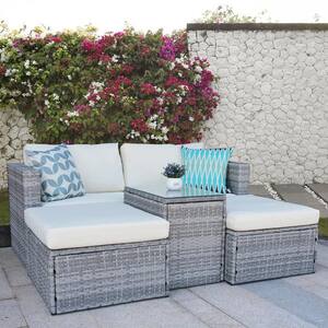 Gray 5-Piece Wicker Patio Conversation Sectional Seating Set with Beige Cushions
