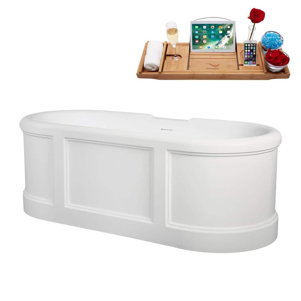 67" Matte White Acrylic Freestanding Soaking Tub with Polished Brass Trim