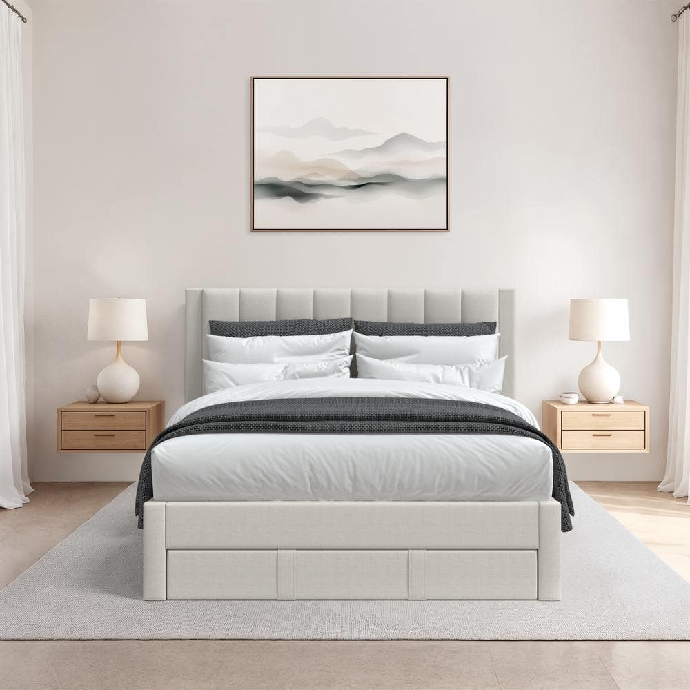Beige Upholstered King Bed with Channel Tufted Headboard and Storage