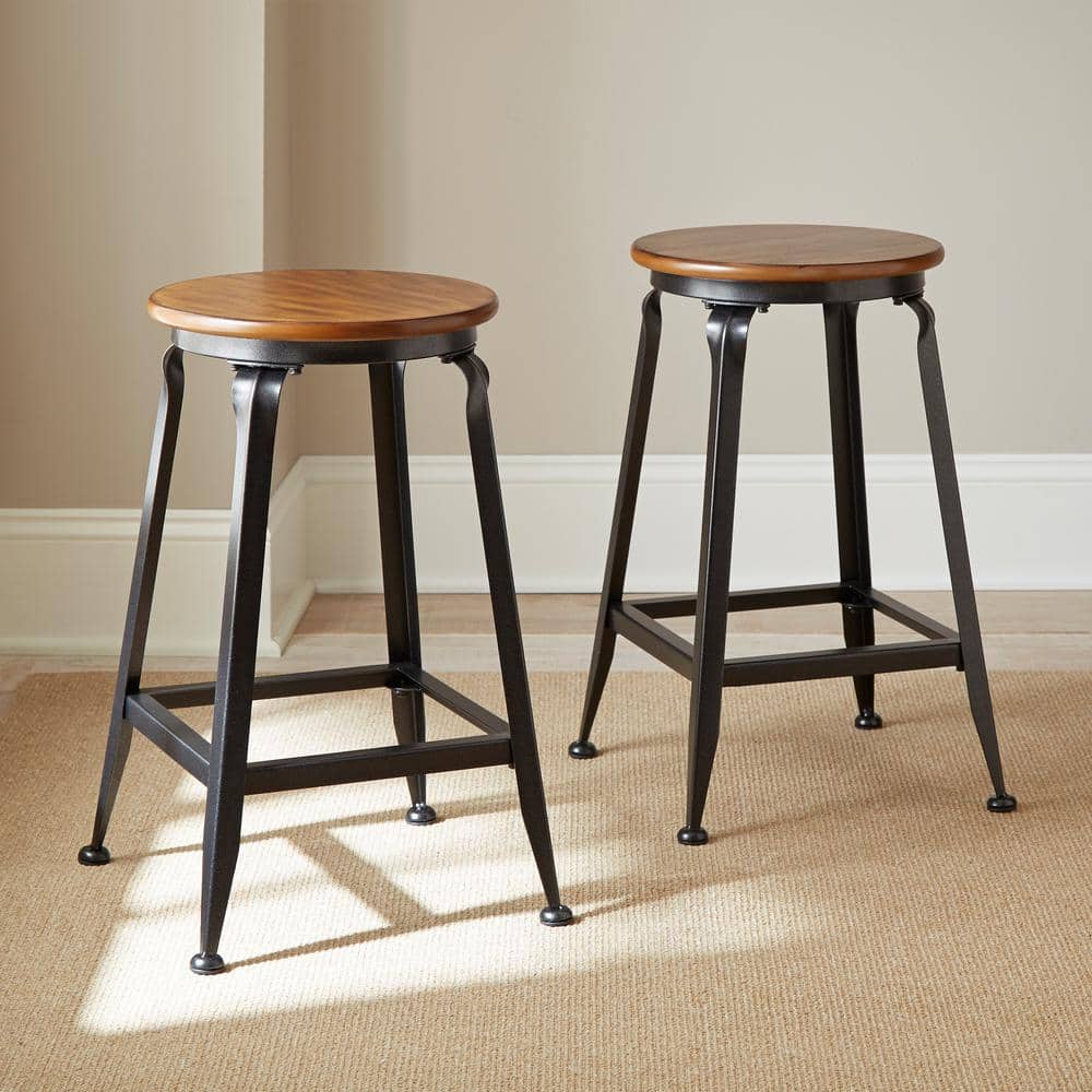 Set of 2 Industrial Birch & Metal 24" Brown Counter Stools