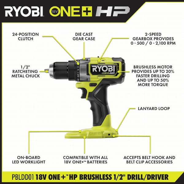 RYOBI - ONE+ HP 18V Brushless Cordless 1/2 in. Drill/Driver Kit with (1) 2.0 Ah HIGH PERFORMANCE Battery and Charger