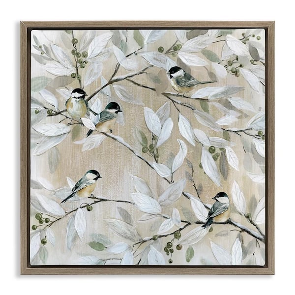 Stupell Industries Chickadee Birds on Branches by Carol Robinson 1-Piece Brown Floater Frame Nature Graphic Art print 25 in. x 25 in.