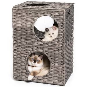 Gray Rattan Cat Litter, Cat Bed with Rattan Ball and Cushion