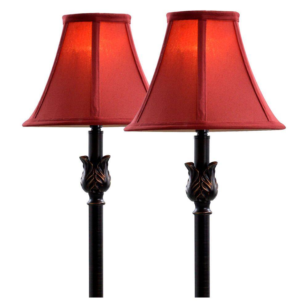 Bronze Buffet Table Lamp Set with Burgundy Fabric Shades