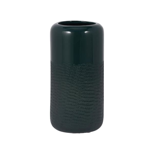 Liv & Skye 10 in. Forest Green Stoneware Cylinder Grooved Decorative Vase