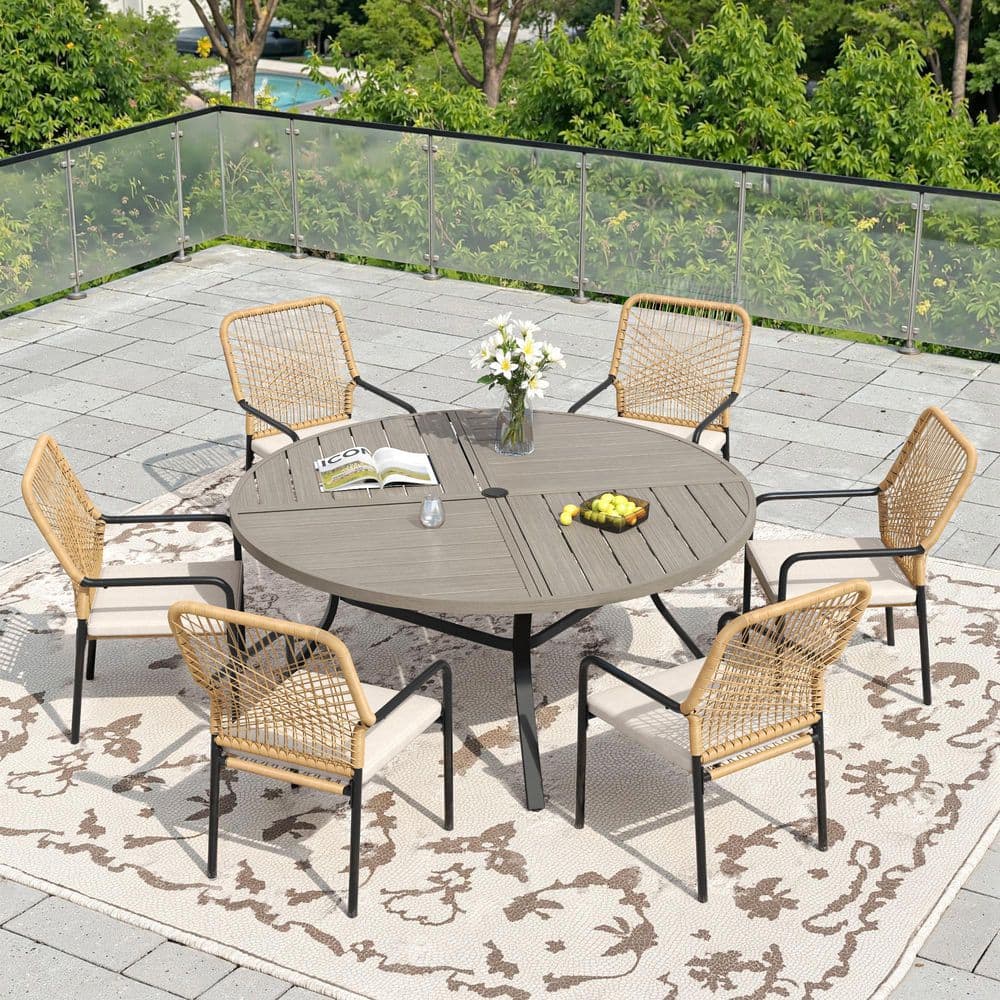 7-Piece Metal Outdoor Dining Set with 50 in. Gray Wood-Like Round Table and 6 Woven Rattan Chairs with Beige Cushions price history on PriceWatchPro