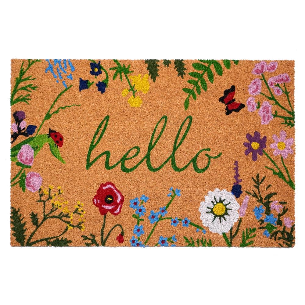 Floral Hello Coir Rectangular Outdoor Doormat, 24" x 36"