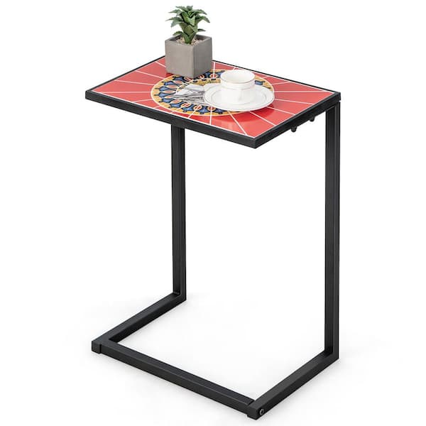 Gymax C-shaped Outdoor Side End Table  with Ceramic Top for Patio Living Room Balcony