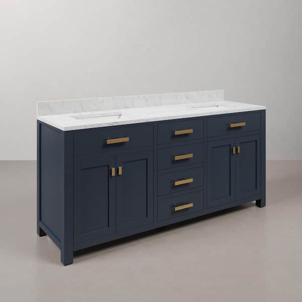 Madison 72 in. W x 21.5 in. D x 34 in. H Double Sink Bath Vanity in Monarch Blue with Carrara White Marble Top