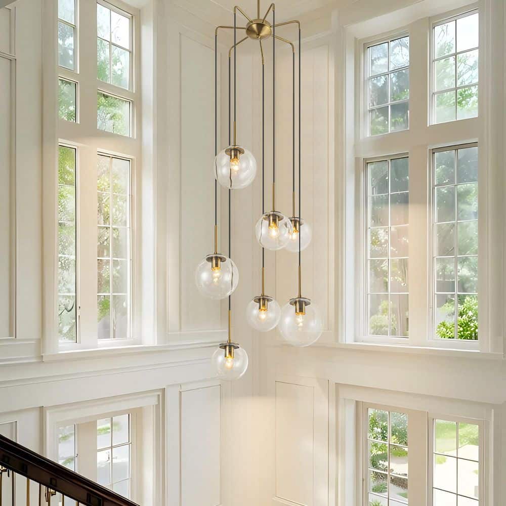 RRTYO Sean 7-Light Modern Linear Cluster Gold Clear Glass Globe