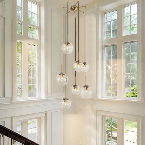 Sean 7-Light Modern Linear Cluster Gold Clear Glass Globe Bubble Chandelier Light for Stairways