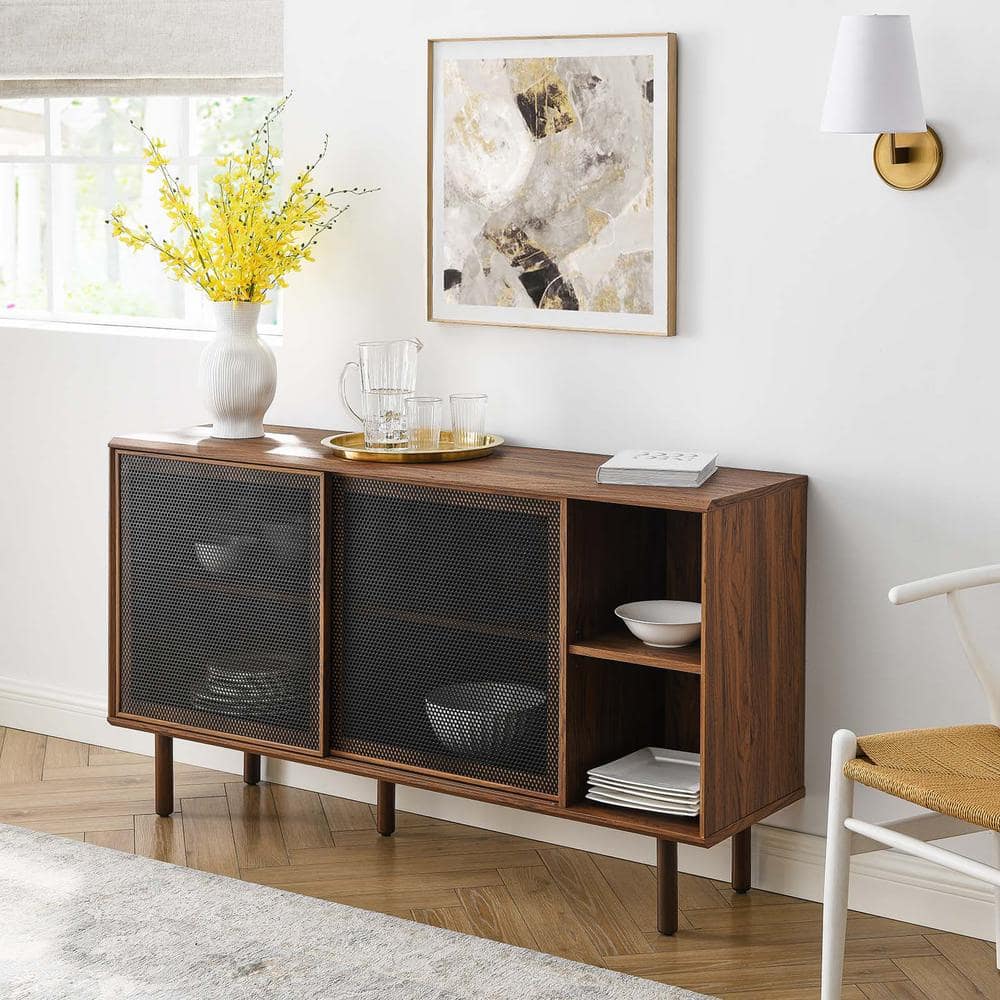 Urban Flair 59" Walnut Sideboard with Sliding Metal Mesh Doors