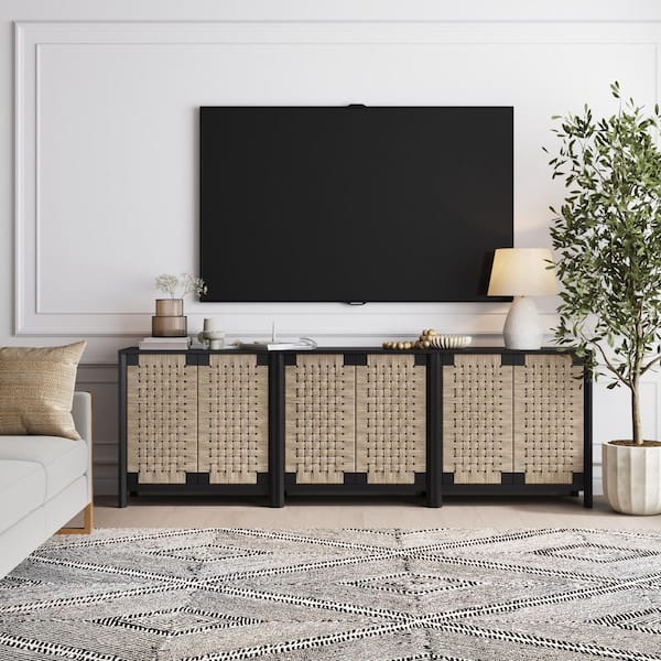 Aerie Rustic Black TV Stand 31 in. Accent Cabinet, Boho Storage Cabinet w/ Seagrass Doors and Solid Wood Legs, Set of 3