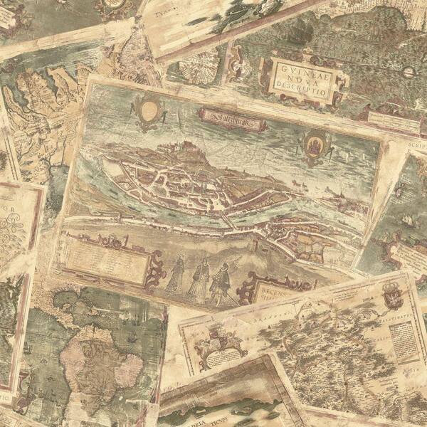 The Wallpaper Company 56 sq. ft. Beige Ancient Maps Wallpaper
