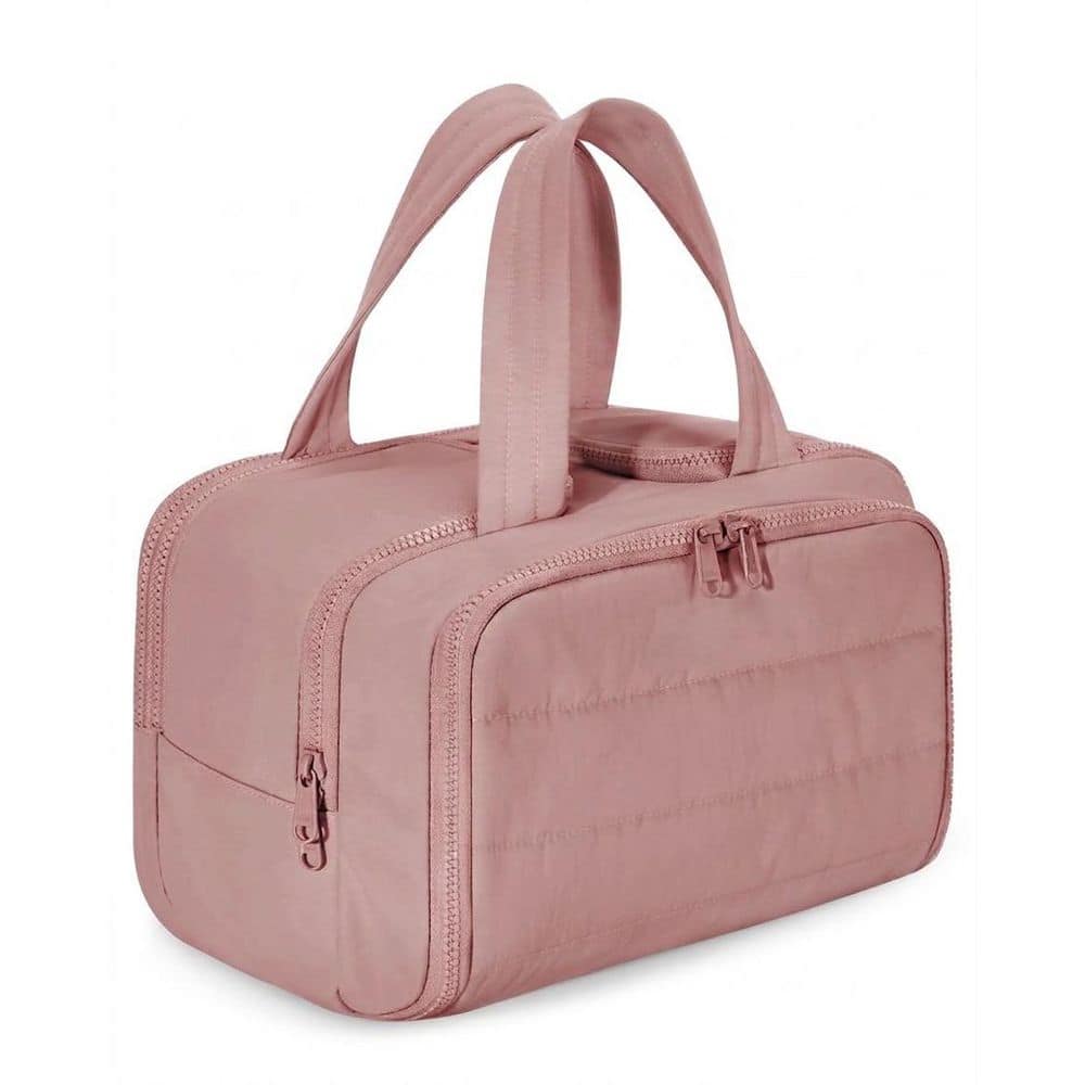 Dark Pink Wide-Open Travel Toiletry Bag Lightweight Puffer Makeup Organizer with Handle for Women Accessories